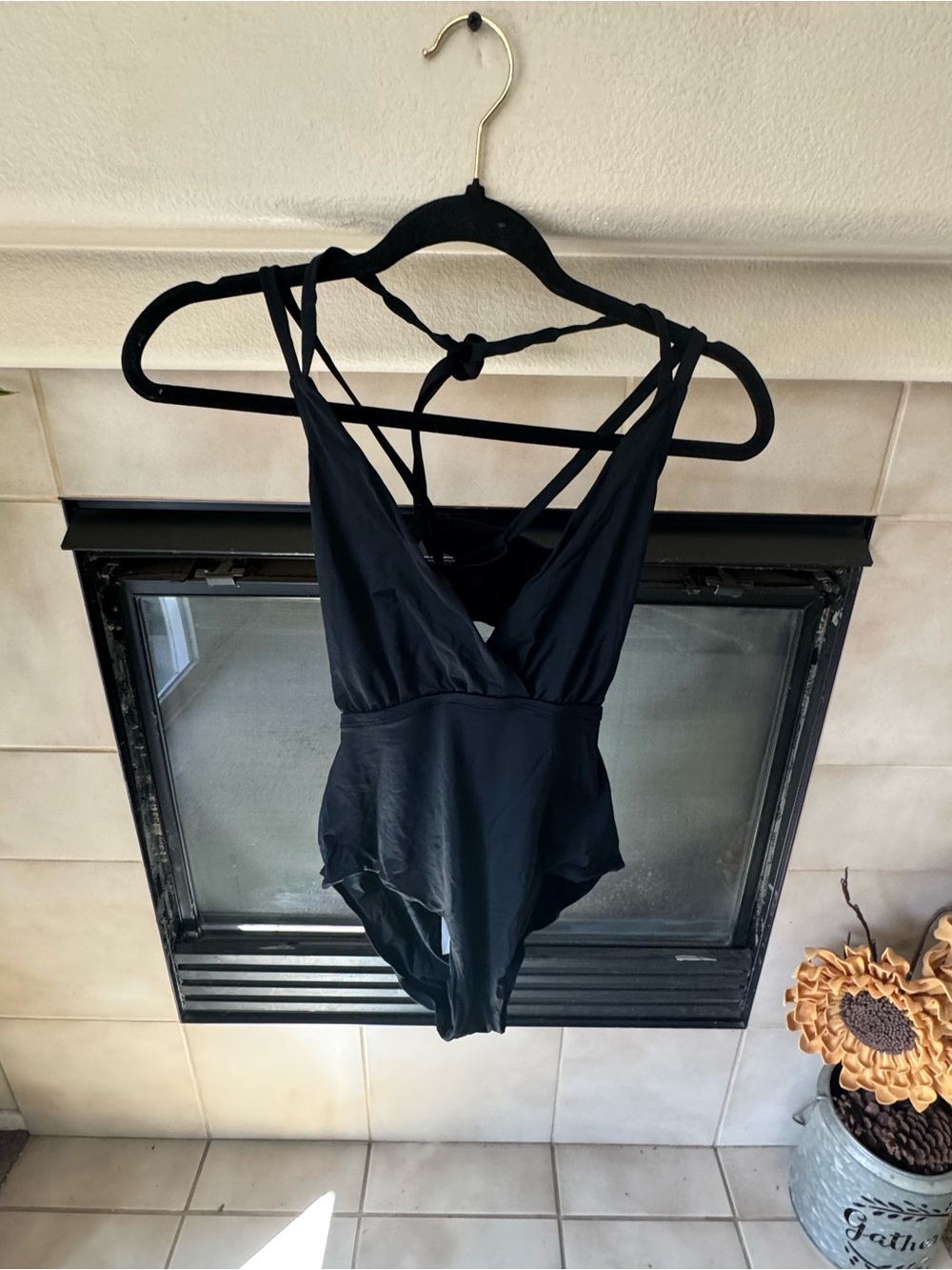 Classic Black V-Neck One-Piece Swimsuit with Strappy Back